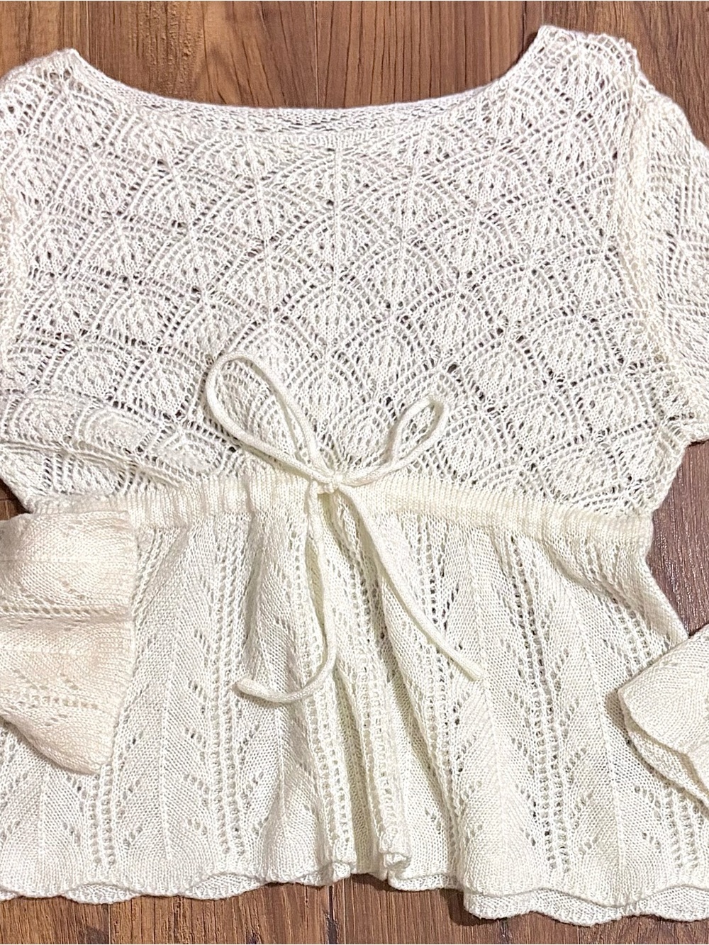 SHEIN Cream Openwork Knit Peplum Sweater with Tie Waist
